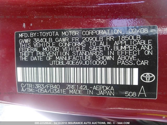 JTDBL40E69J010090 - 2009 TOYOTA COROLLA LE/XLE RED photo 9