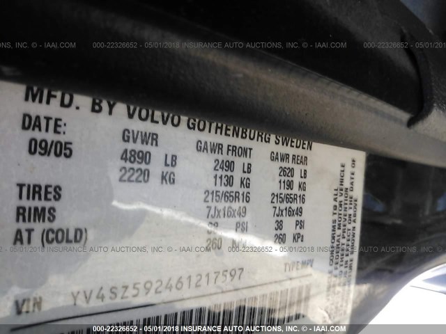 YV4SZ592461217597 - 2006 VOLVO XC70 BLACK photo 9