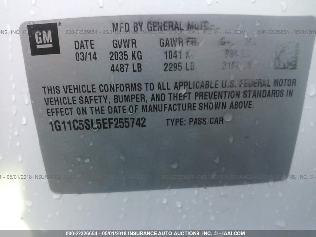 1G11C5SL5EF255742 - 2014 CHEVROLET MALIBU 1LT 白色 照片 9