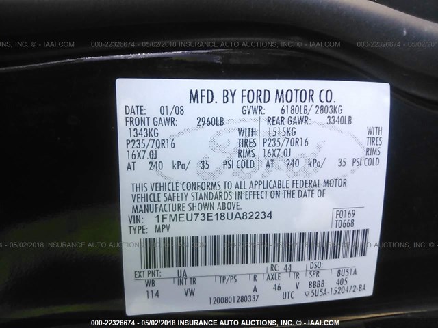 1FMEU73E18UA82234 - 2008 FORD EXPLORER XLT BLACK photo 9