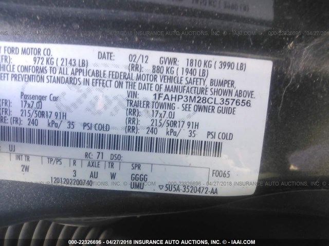 1FAHP3M28CL357656 - 2012 FORD FOCUS SEL GRAY photo 9