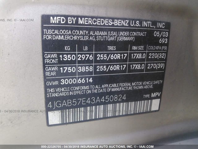 4JGAB57E43A450824 - 2003 MERCEDES-BENZ ML 350 GOLD photo 9