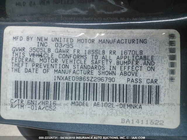 1NXAE09B6SZ296790 - 1995 TOYOTA COROLLA LE/DX ლურჯი ფოტო 9