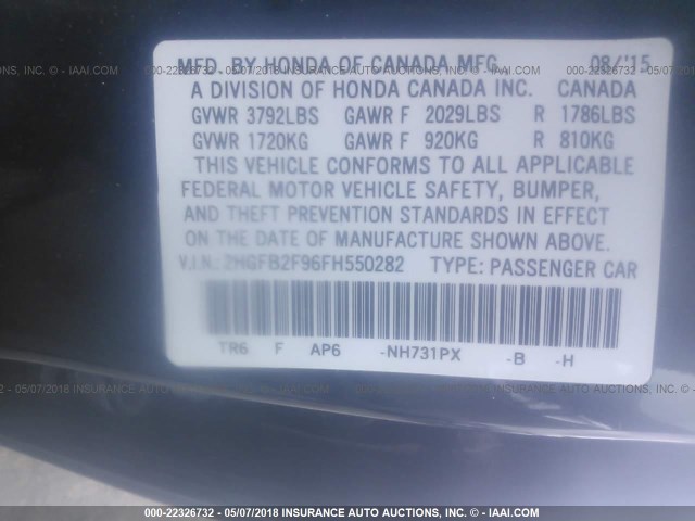 2HGFB2F96FH550282 - 2015 HONDA CIVIC EXL BLACK photo 9