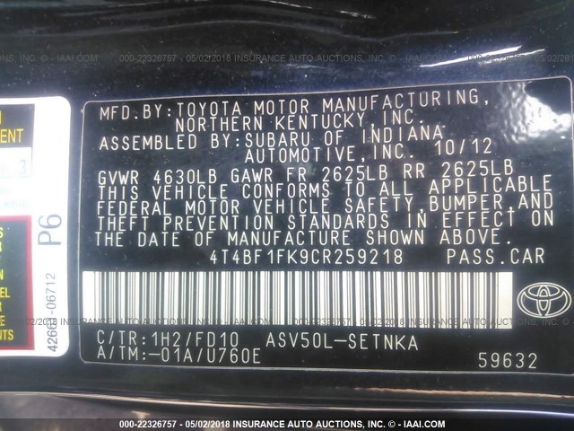 4T4BF1FK9CR259218 - 2012 TOYOTA CAMRY SE/LE/XLE BLACK photo 9