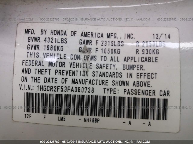 1HGCR2F53FA080738 - 2015 HONDA ACCORD SPORT 白色 照片 9