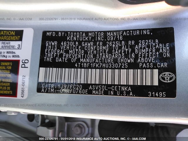 4T1BF1FK7HU330725 - 2017 TOYOTA CAMRY LE/XLE/SE/XSE GRAY photo 9