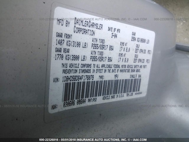 1D8HD58D64F176079 - 2004 DODGE DURANGO LIMITED SILVER photo 9