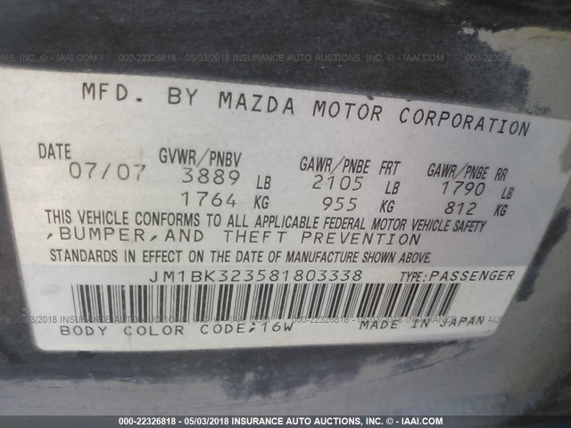 JM1BK323581803338 - 2008 MAZDA 3 S BLACK photo 9