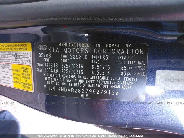 KNDMB233796279132 - 2009 KIA SEDONA EX/LX BLUE photo 9