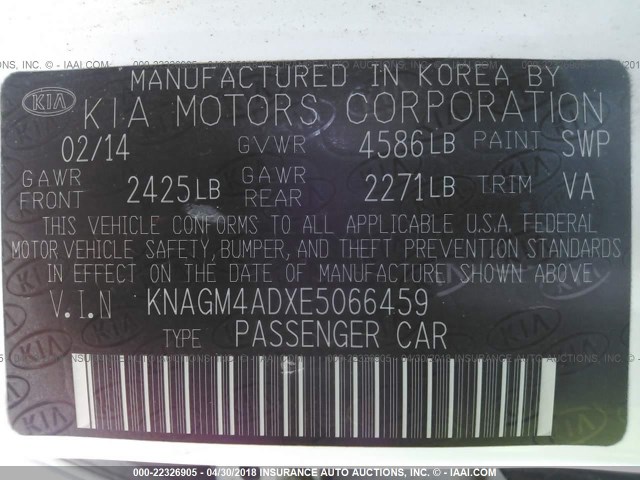 KNAGM4ADXE5066459 - 2014 KIA OPTIMA HYBRID WHITE photo 9