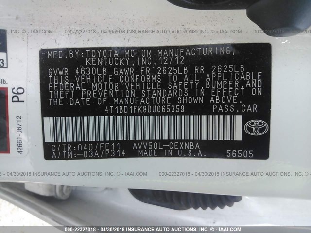 4T1BD1FK8DU065359 - 2013 TOYOTA CAMRY HYBRID/LE/XLE 白色 照片 9