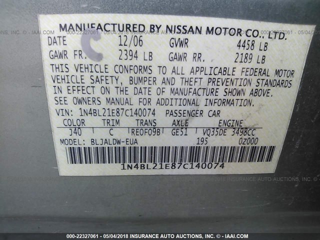 1N4BL21E87C140074 - 2007 NISSAN ALTIMA 3.5SE/3.5SL GREEN photo 9