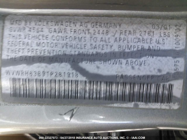 WVWRH63B91P281918 - 2001 VOLKSWAGEN PASSAT GLX 灰色 照片 9