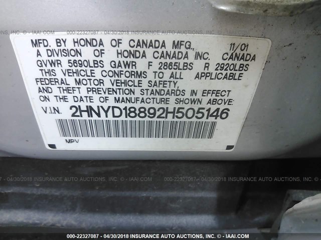 2HNYD18892H505146 - 2002 ACURA MDX TOURING GRAY photo 9