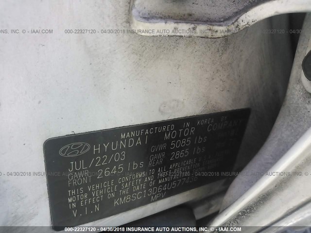 KM8SC13D64U577436 - 2004 HYUNDAI SANTA FE GLS/LX WHITE photo 9