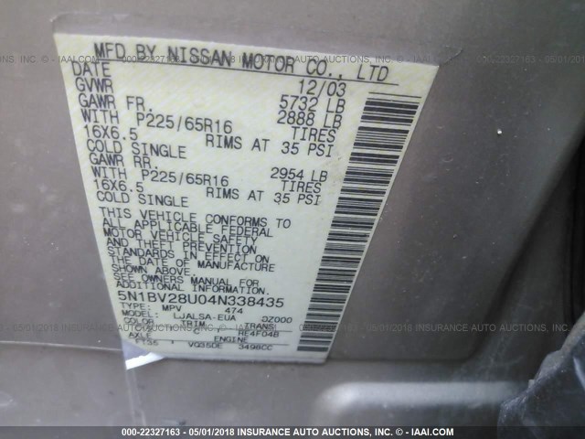 5N1BV28U04N338435 - 2004 NISSAN QUEST S/SE/SL GOLD photo 9