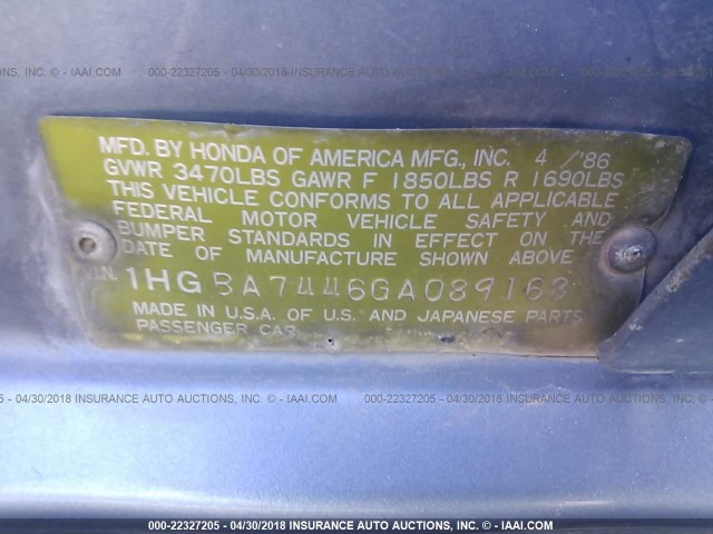 1HGBA7446GA089168 - 1986 HONDA ACCORD LXI BLUE photo 9