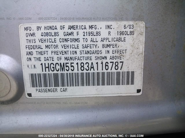 1HGCM55183A116787 - 2003 HONDA ACCORD DX SILVER photo 9