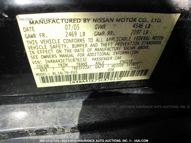 1N4BA41E75C876132 - 2005 NISSAN MAXIMA SE/SL BLACK photo 9