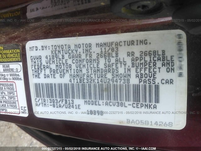 4T1BE32K14U294738 - 2004 TOYOTA CAMRY LE/XLE/SE მუქწითელი ფოტო 9