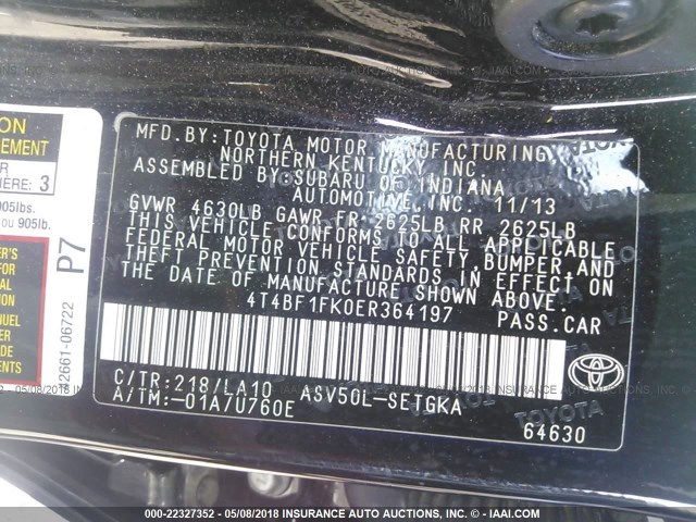4T4BF1FK0ER364197 - 2014 TOYOTA CAMRY L/SE/LE/XLE შავი ფოტო 9