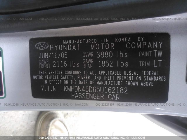 KMHDN46D65U162182 - 2005 HYUNDAI ELANTRA GLS/GT SILVER photo 9