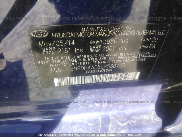 5NPDH4AE6EH530723 - 2014 HYUNDAI ELANTRA SE/SPORT/LIMITED BLUE photo 9