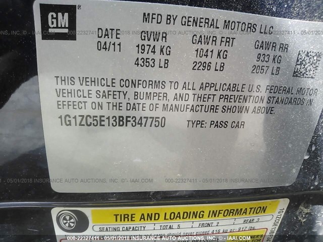 1G1ZC5E13BF347750 - 2011 CHEVROLET MALIBU 1LT ლურჯი ფოტო 9