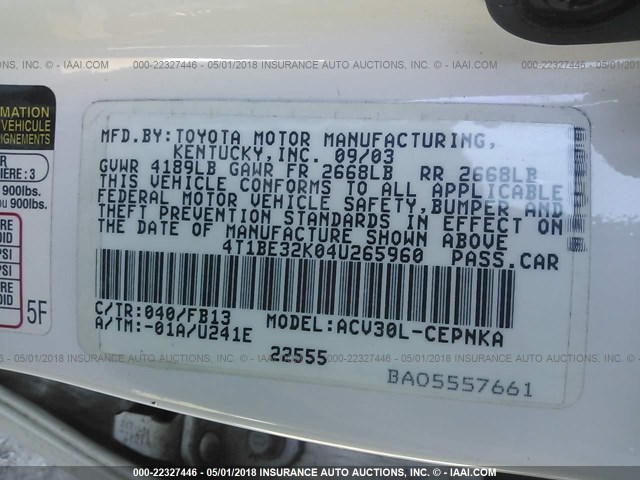 4T1BE32K04U265960 - 2004 TOYOTA CAMRY LE/XLE/SE თეთრი ფოტო 9