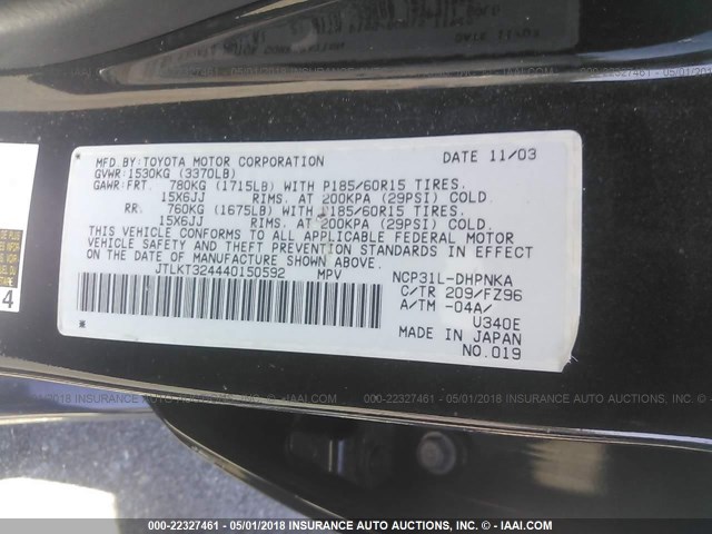 JTLKT324440150592 - 2004 TOYOTA SCION XB BLACK photo 9