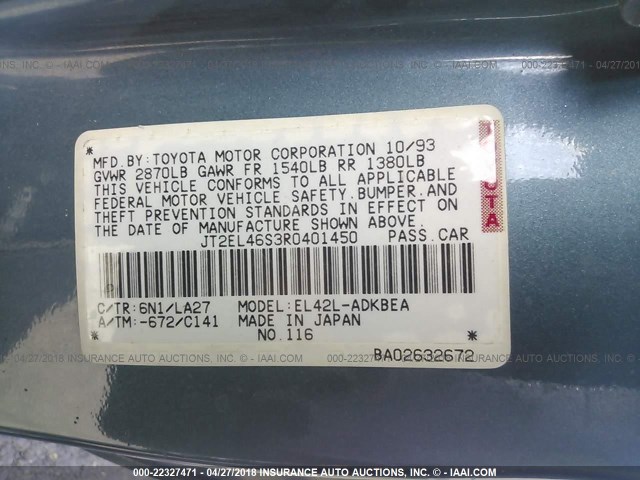 JT2EL46S3R0401450 - 1994 TOYOTA TERCEL STD BLUE photo 9