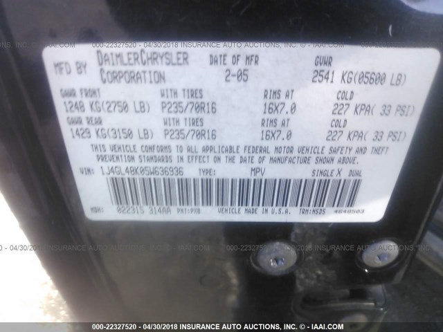 1J4GL48K05W636936 - 2005 JEEP LIBERTY SPORT BLACK photo 9