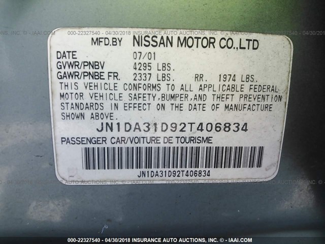 JN1DA31D92T406834 - 2002 NISSAN MAXIMA GLE/GXE/SE Light Blue photo 9