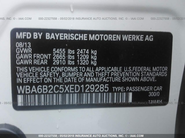 WBA6B2C5XED129285 - 2014 BMW 650 I/GRAN COUPE თეთრი ფოტო 9