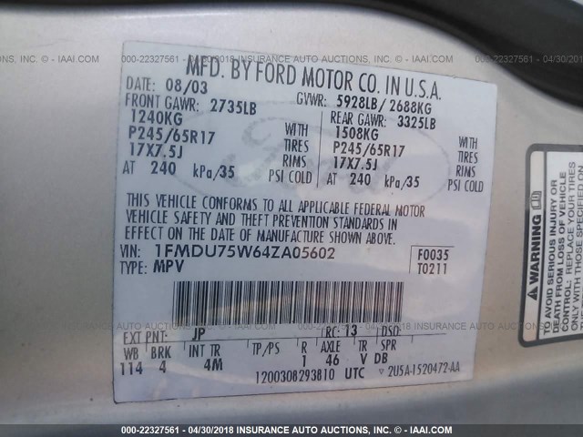 1FMDU75W64ZA05602 - 2004 FORD EXPLORER LIMITED 银色 照片 9