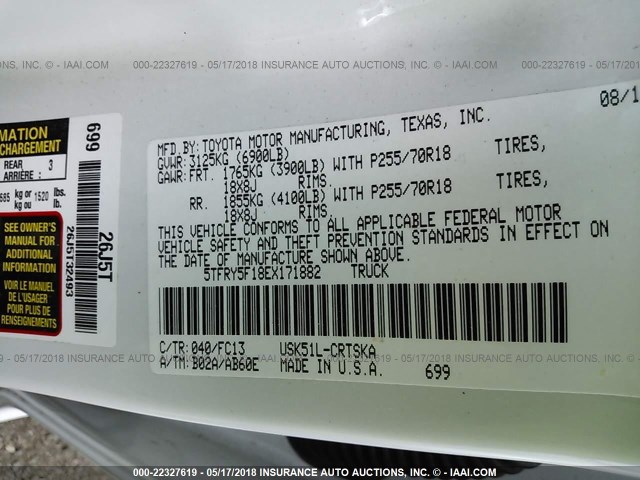 5TFRY5F18EX171882 - 2014 TOYOTA TUNDRA DOUBLE CAB SR/SR5 WHITE photo 9