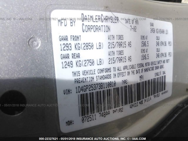 1D4GP25373B110810 - 2003 DODGE CARAVAN SE SILVER photo 9