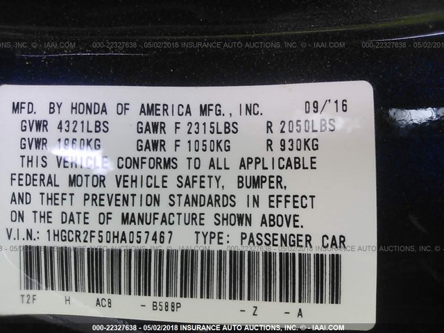 1HGCR2F50HA057467 - 2017 HONDA ACCORD SPORT 蓝色 照片 9