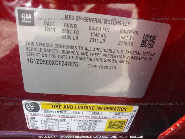 1G1ZD5E0XCF247876 - 2012 CHEVROLET MALIBU 2LT RED photo 9