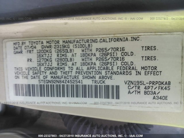 5TEGN92N84Z452541 - 2004 TOYOTA TACOMA DOUBLE CAB PRERUNNER TAN photo 9