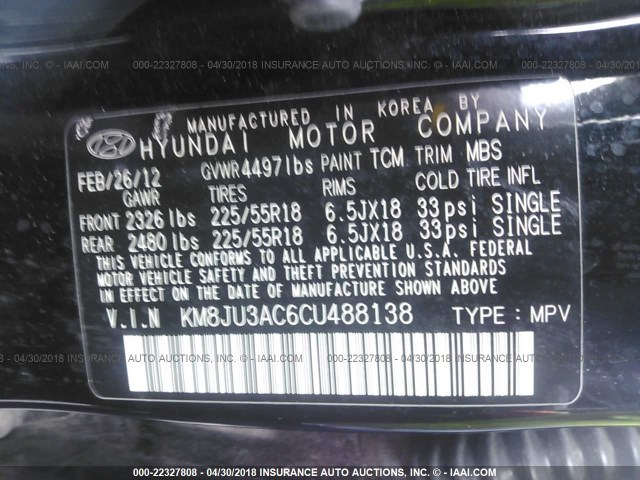 KM8JU3AC6CU488138 - 2012 HYUNDAI TUCSON GLS/LIMITED BLACK photo 9