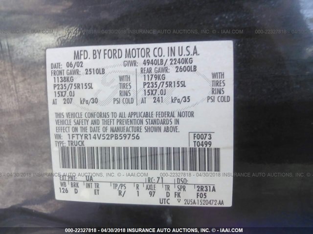 1FTYR14V52PB59756 - 2002 FORD RANGER SUPER CAB BLACK photo 9