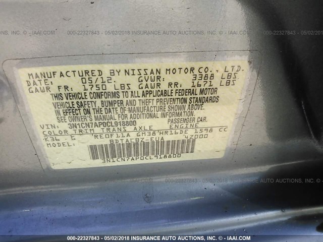 3N1CN7AP0CL918800 - 2012 NISSAN VERSA S/SV/SL GRAY photo 9