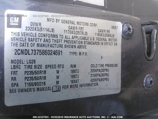 2CNDL737586024691 - 2008 CHEVROLET EQUINOX SPORT GRAY photo 9