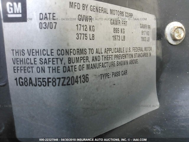 1G8AJ55F87Z204136 - 2007 SATURN ION LEVEL 2 绿色 照片 9