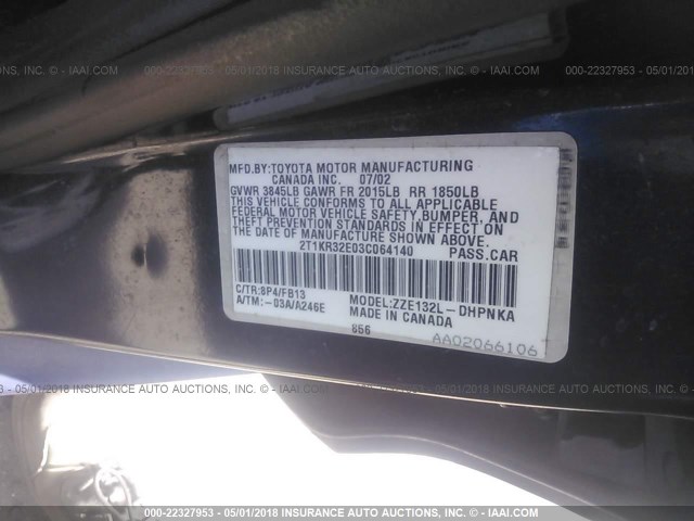 2T1KR32E03C064140 - 2003 TOYOTA COROLLA MATRIX XR BLUE photo 9