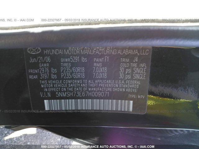 5NMSH73E67H009071 - 2007 HYUNDAI SANTA FE SE/LIMITED BLACK photo 9