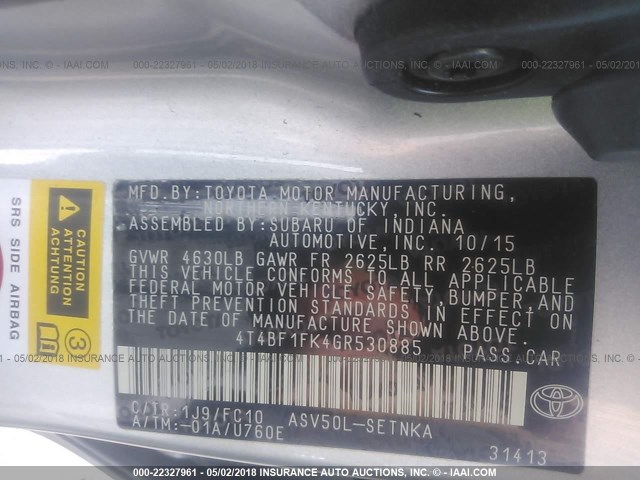 4T4BF1FK4GR530885 - 2016 TOYOTA CAMRY LE/XLE/SE/XSE SILVER photo 9