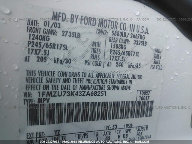 1FMZU73K43ZA68251 - 2003 FORD EXPLORER XLT/XLT SPORT/NBX WHITE photo 9